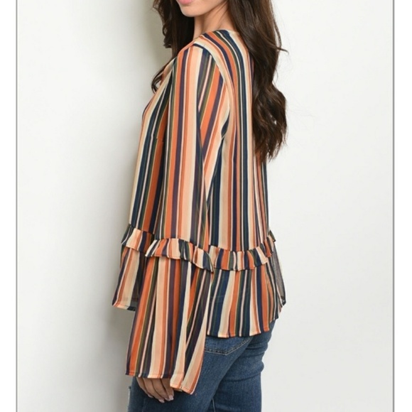 Tan Blue Stripe Bell Sleeve Top - Picture 3 of 5